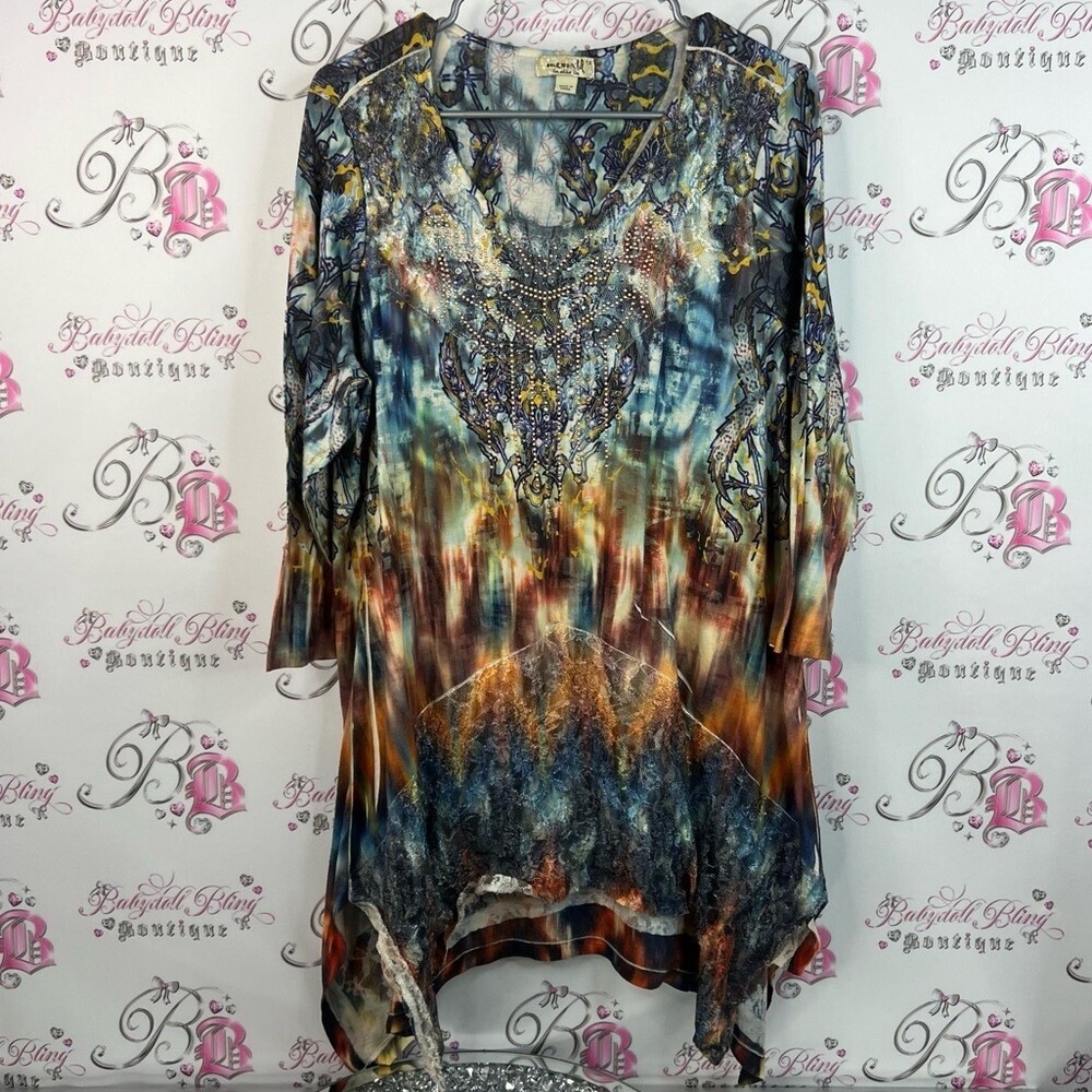 ONE WORLD dress assymetrical hem fairy rhinestone Embellishments tie dye floral